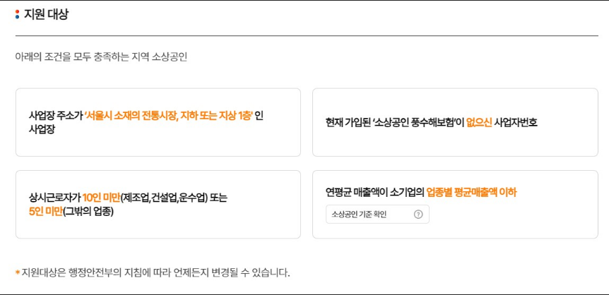 서울시 소상공인 풍수해보험 가입 대상 조건을 안내하는 이미지