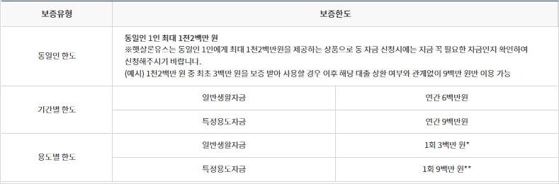 햇살론유스 기간별 용도별 한도