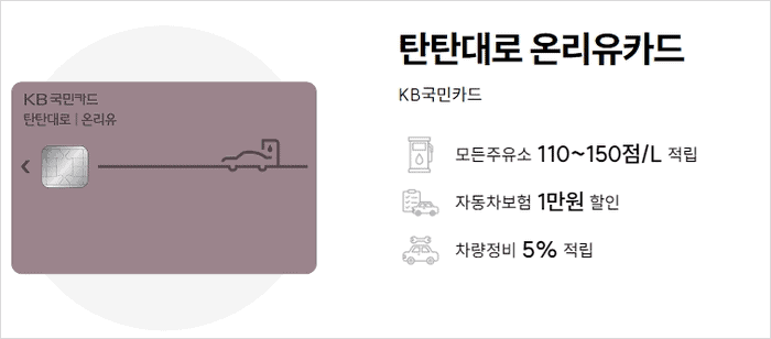 KB국민 탄탄대로 온리유카드, 자동차 관련 혜택이 다양한 카드