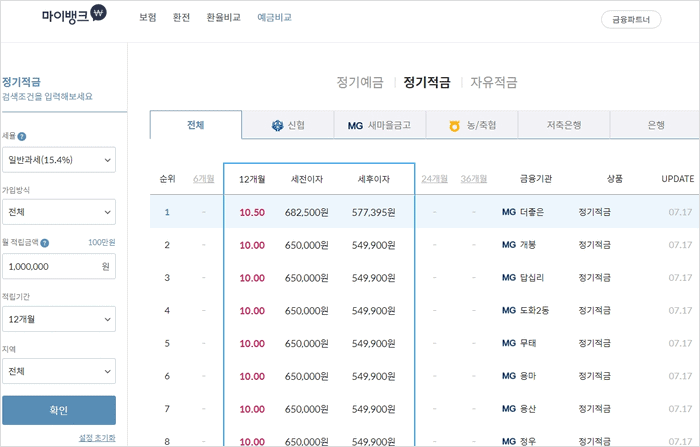 마이뱅크 새마을금고 신협 적금 금리 조회