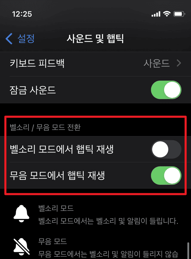 무음 모드에서 햅틱 재생 설정