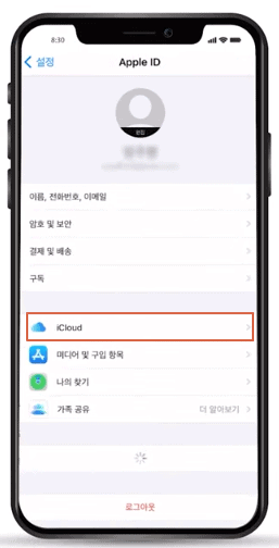 Apple 계정 화면에서 iCloud 진입