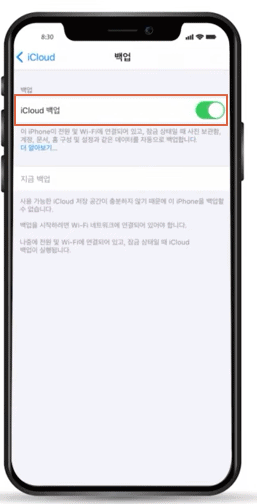 iCloud 백업 스위치 활성화